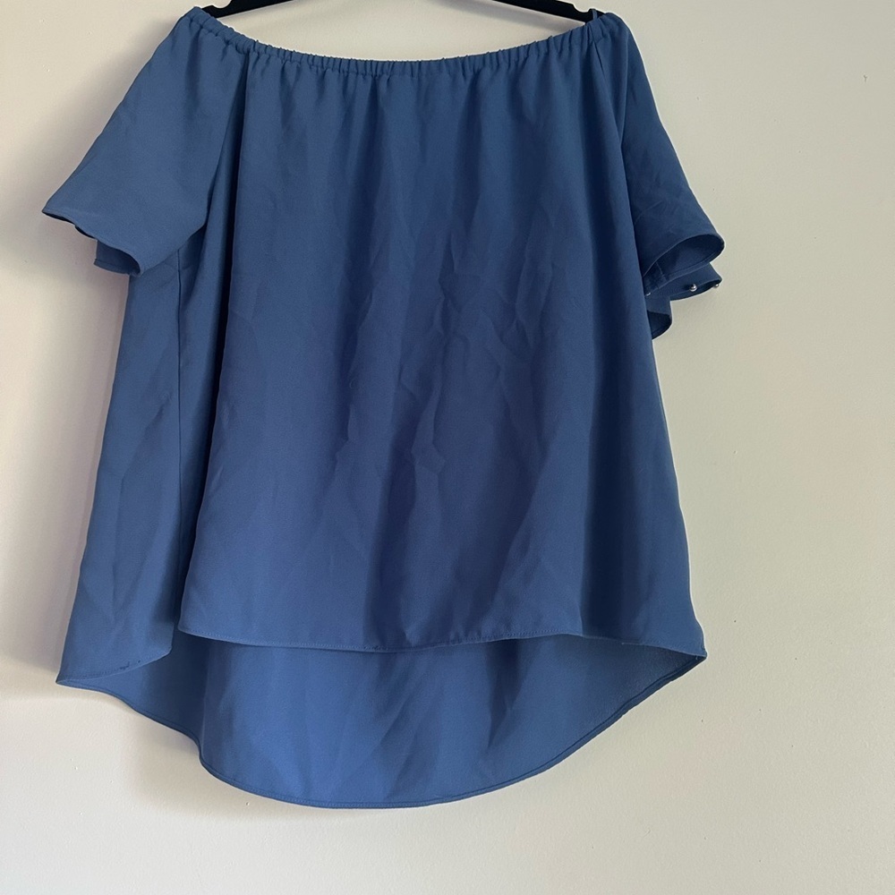 Large Jennifer Lopez Blue Ruffled Off-Shoulder Blouse - Picture 6 of 7